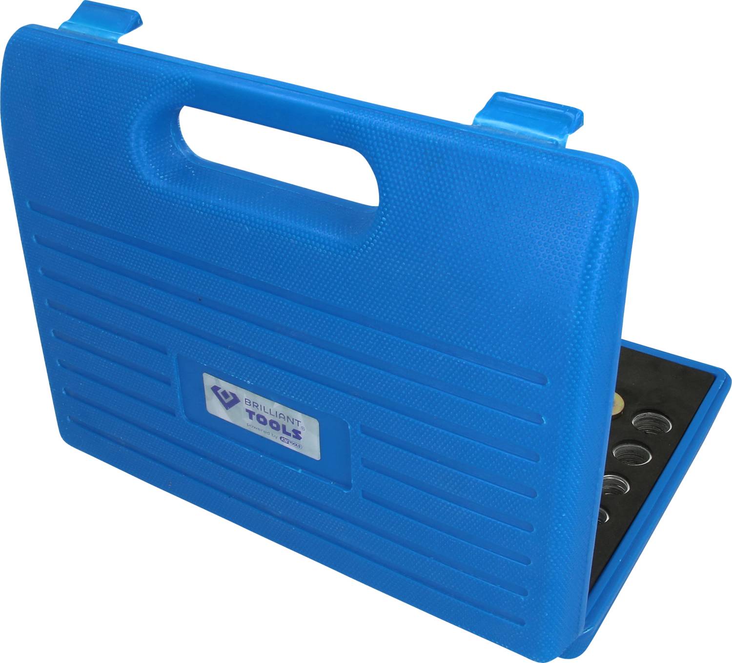 A blue toolbox with a carrying handle, partially open, reveals tool compartments inside.