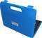 A blue toolbox with a carrying handle, partially open, reveals tool compartments inside.