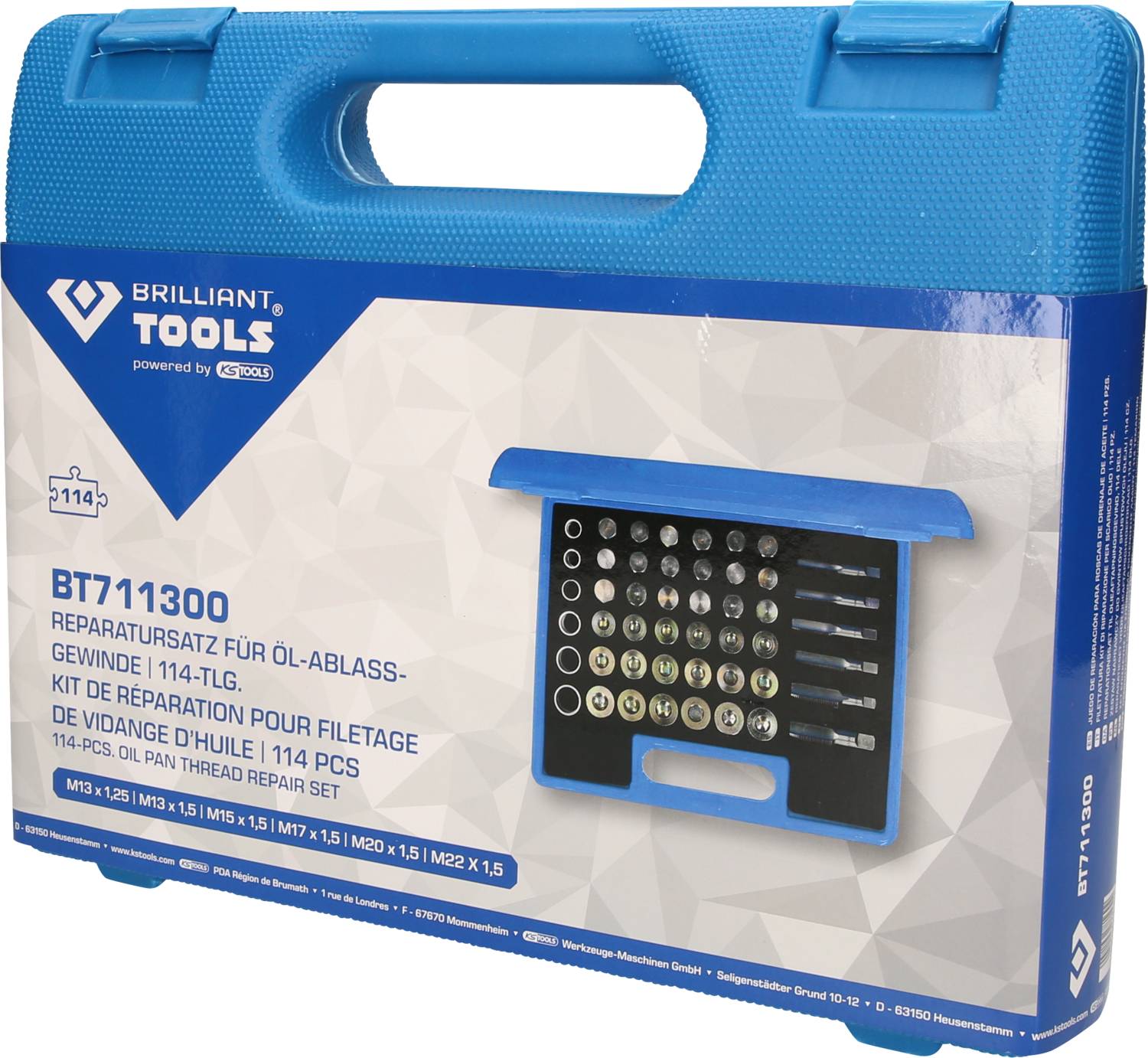 Blue plastic case with 'Brilliant Tools' logo, containing a 114-piece repair set for oil drain threads in various sizes.
