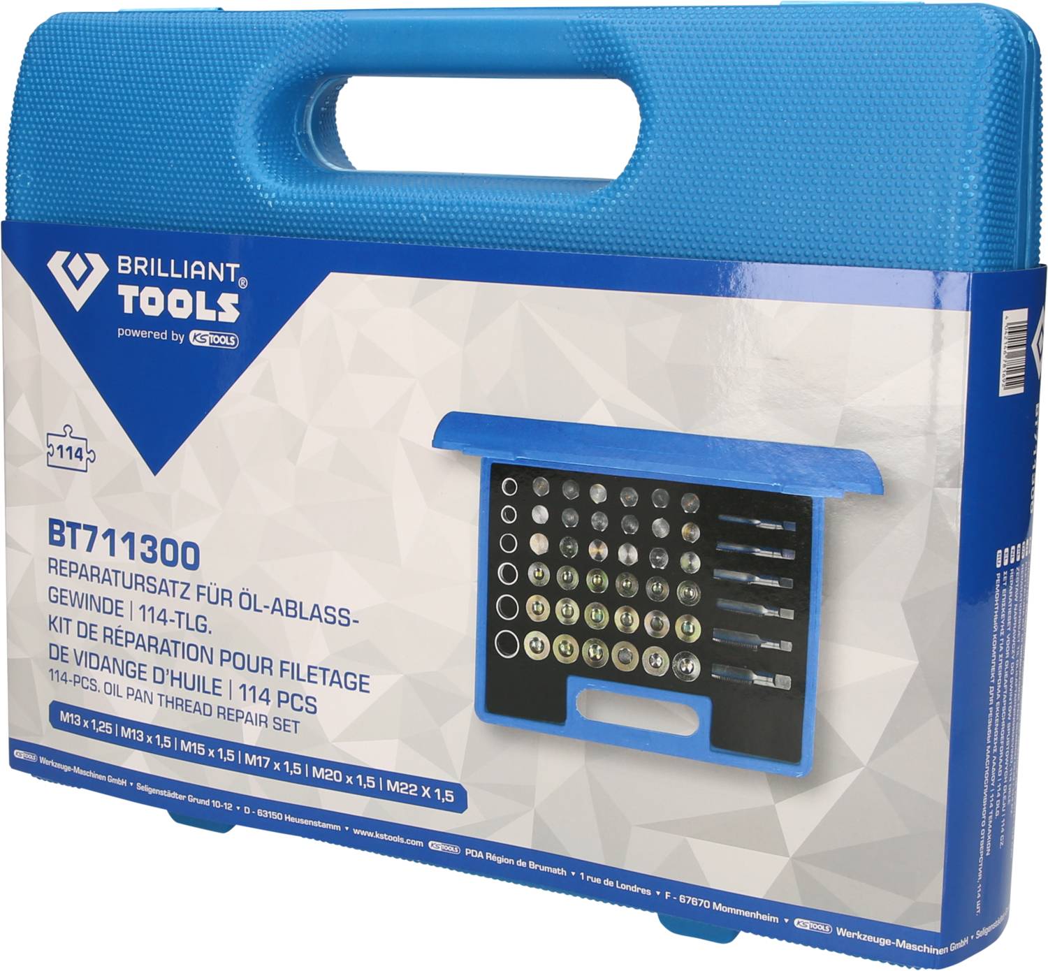 Repair kit for oil drain thread, 114-piece, with various thread taps and inserts in a blue plastic case.