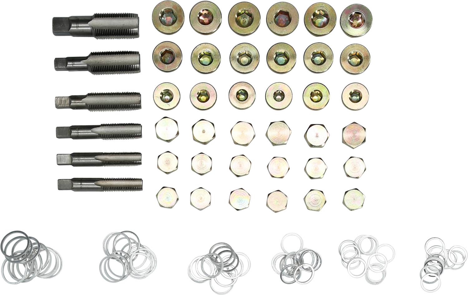 A collection of spanners, nuts, washers, and bolts, arranged in rows on a white surface.