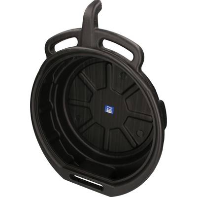 Black, round plastic tub with handles on the sides, suitable for collecting and disposing of liquids or waste.