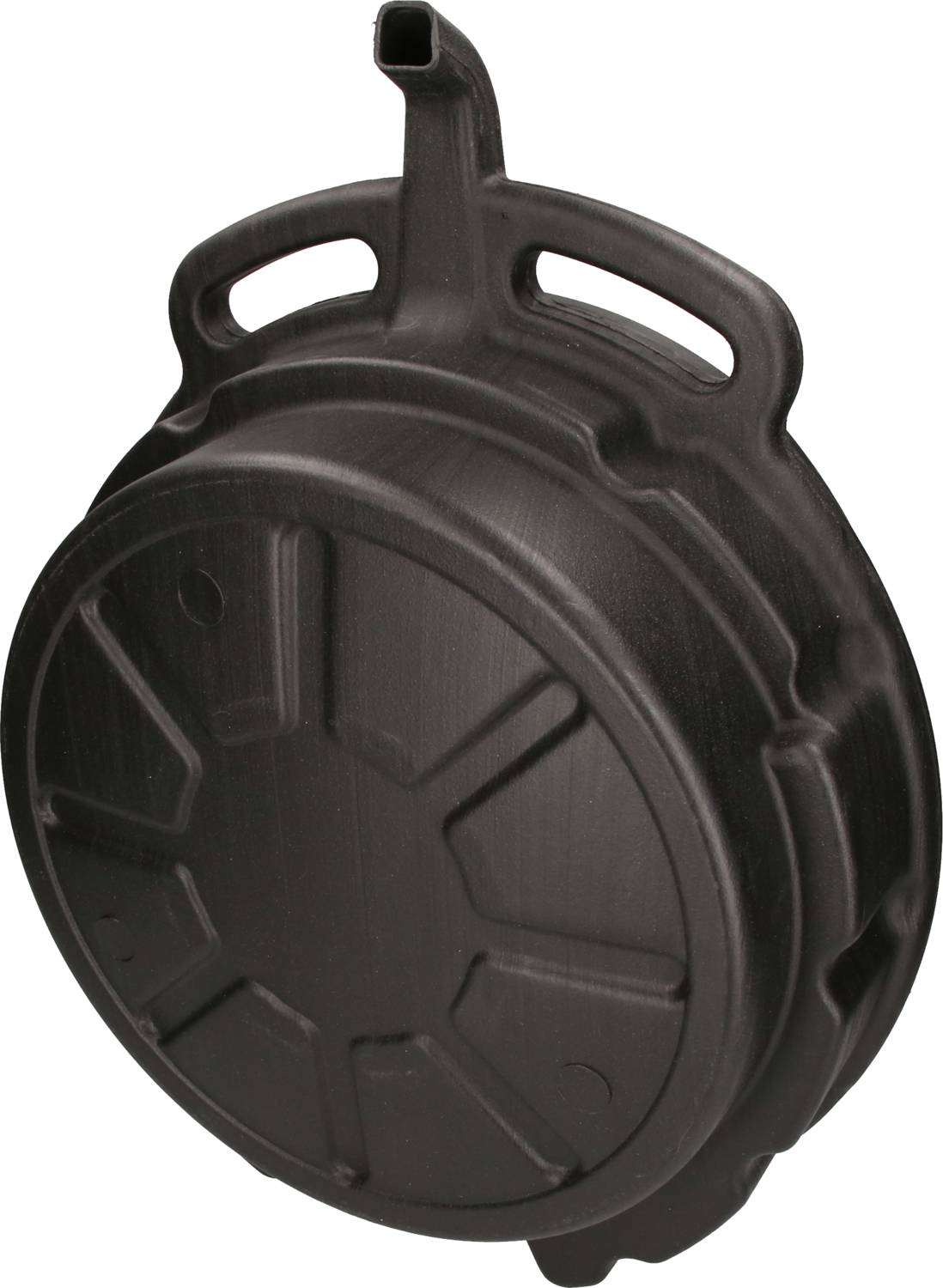 Black, round plastic funnel with integrated handle, ideal for collecting and draining liquids during vehicle servicing.