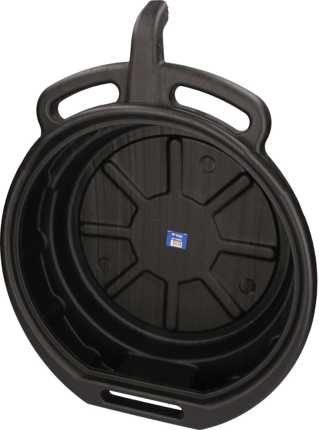 A round, black plastic oil collection container with an outlet and handles, used for oil disposal during vehicle maintenance.