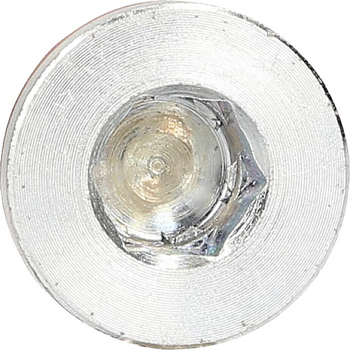 Close-up of a silver hexagon-headed screw, viewed from above, showing a shiny, circular metal surface.