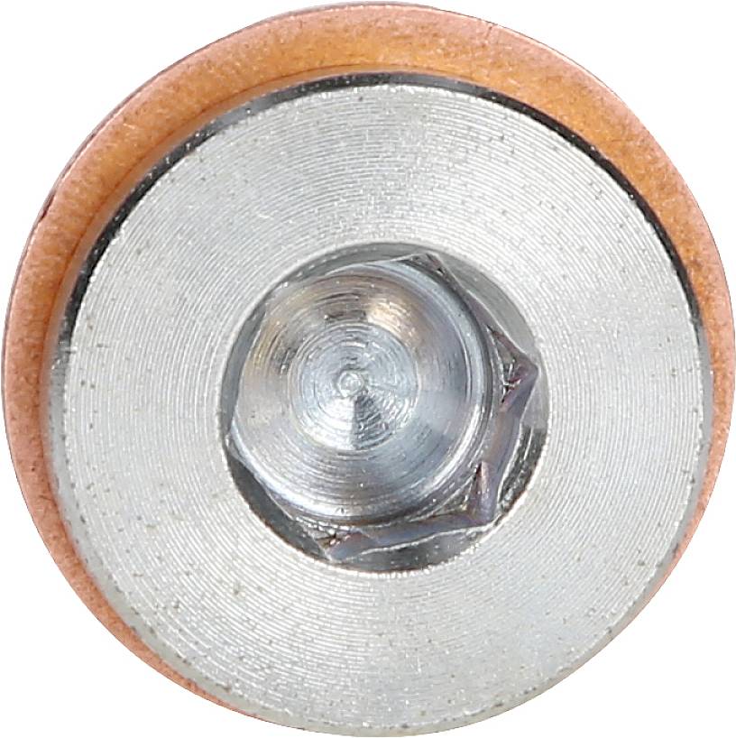 Close-up of a metal bearing with an outer orange ring, with details of the grooves and screws visible in the centre.