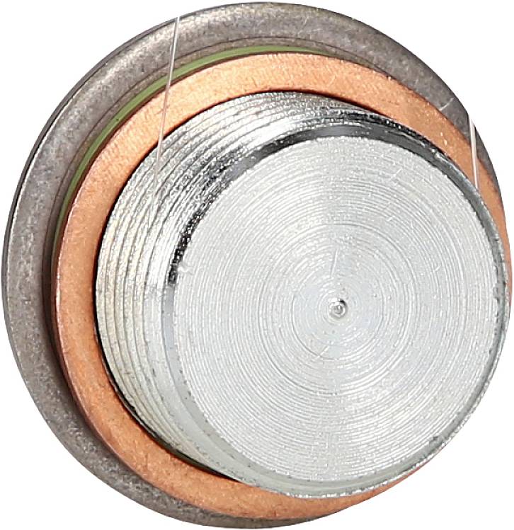 A metal cylinder with a threaded screw, copper-coloured ring, and silver surface, most likely an electronic component.