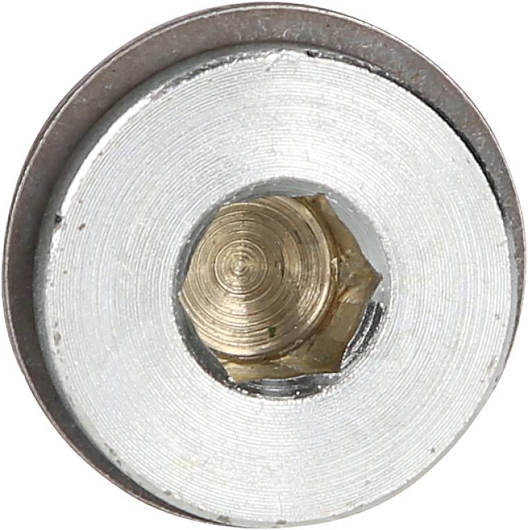 Close-up of a round metal disc with a central golden screw. The surface displays concentric circles.