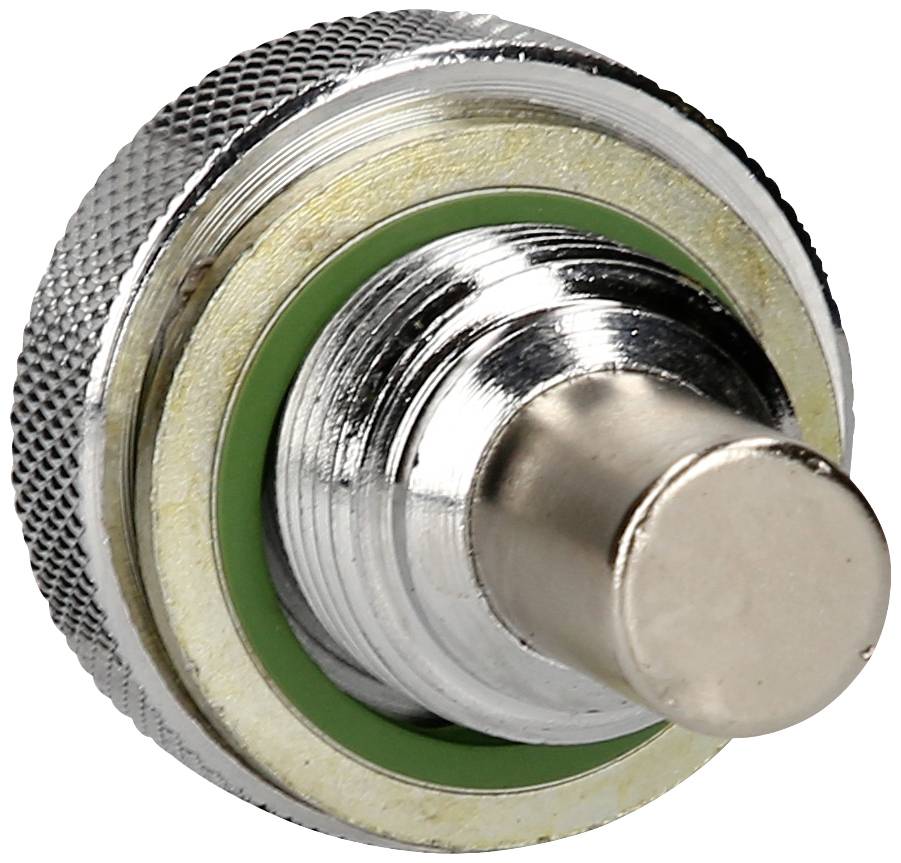 A metal push button with a knurled surface and green ring, suitable for industrial or electronic applications.