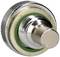 A metal push button with a knurled surface and green ring, suitable for industrial or electronic applications.