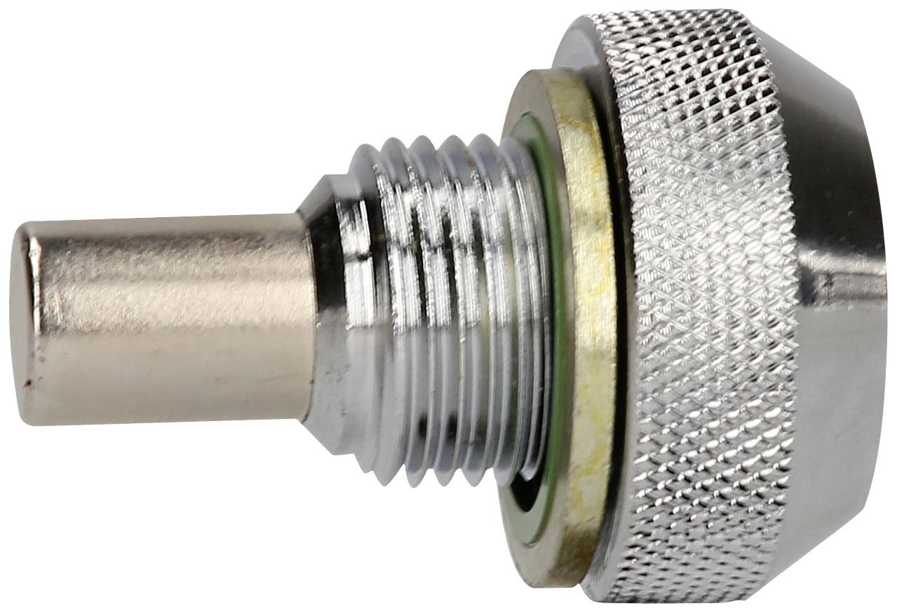 Metallic temperature sensor with thread and knurled edge, used for measuring liquid temperatures, set against a white background.