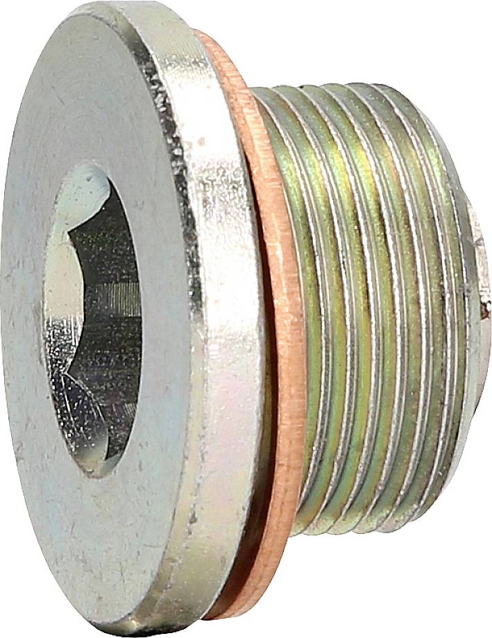 Metal screw with copper ring, side view. It has a hexagonal hole in the centre and is silvery and shiny.