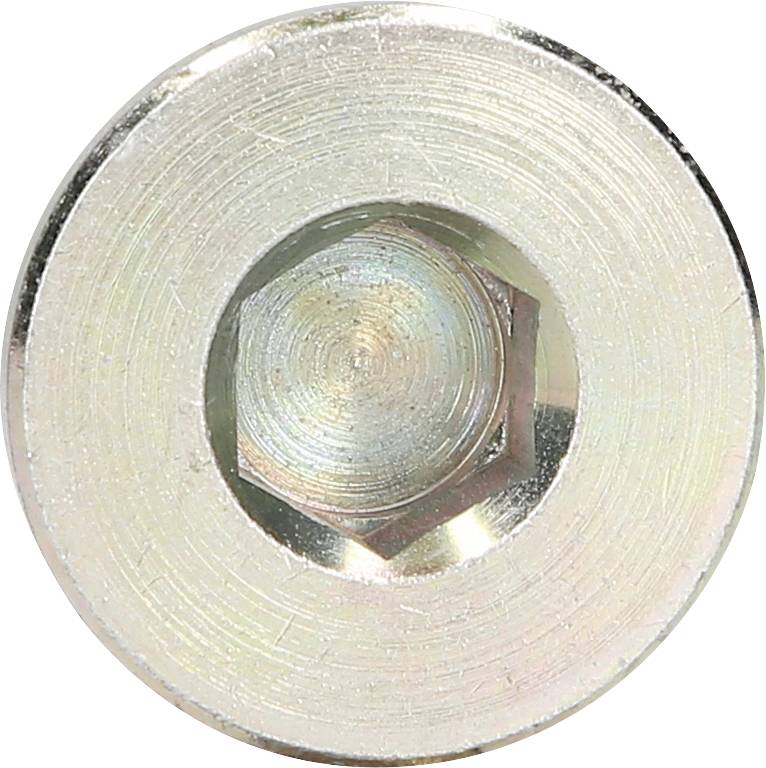 Close-up of a silver hexagonal bolt with a countersunk hex socket, gleaming and centred in the image.