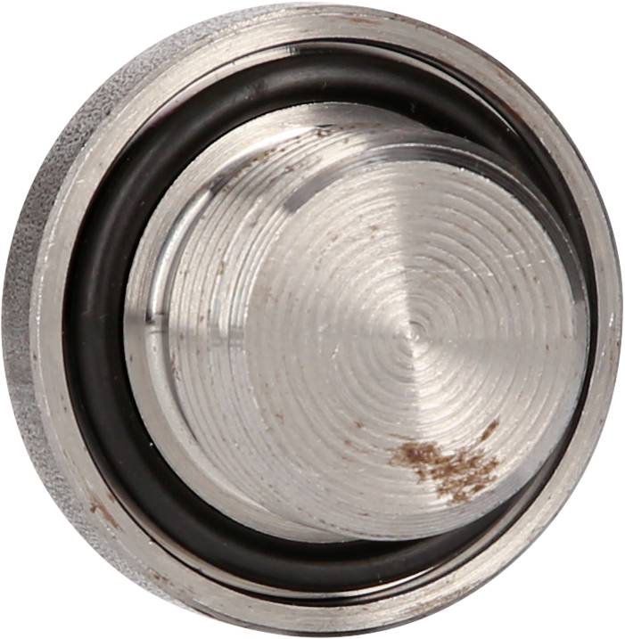 'Round metal button with concentric circles and slight wear, surrounded by a black ring. Suitable as a press stud.'