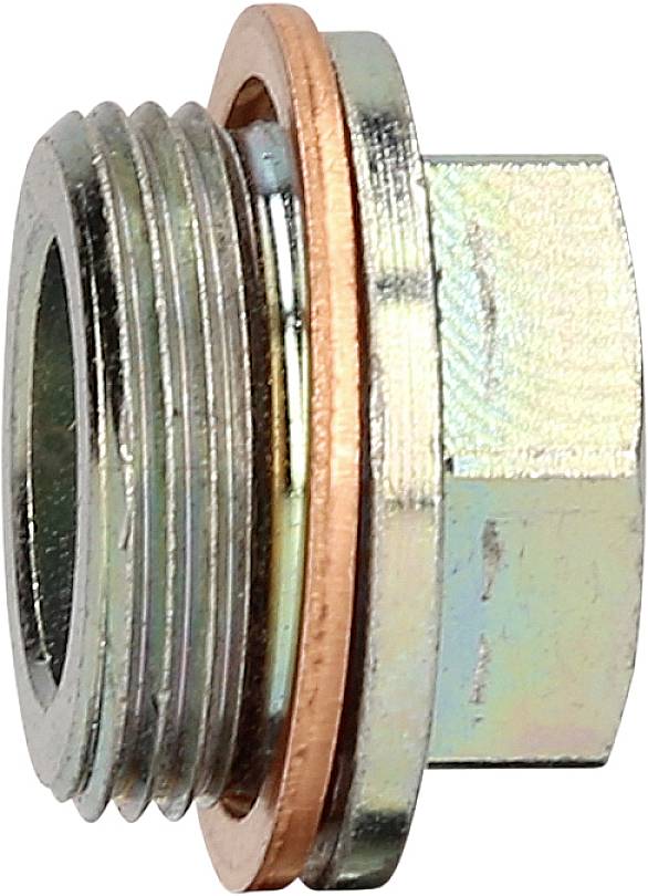 Metallic hexagonal-headed threaded pin with copper sealing rings. Used in hydraulic or pneumatic systems for sealing purposes.