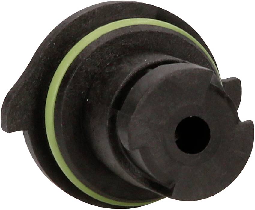 A black plastic component with a green ring, possibly a sealing or mounting element, in close-up.