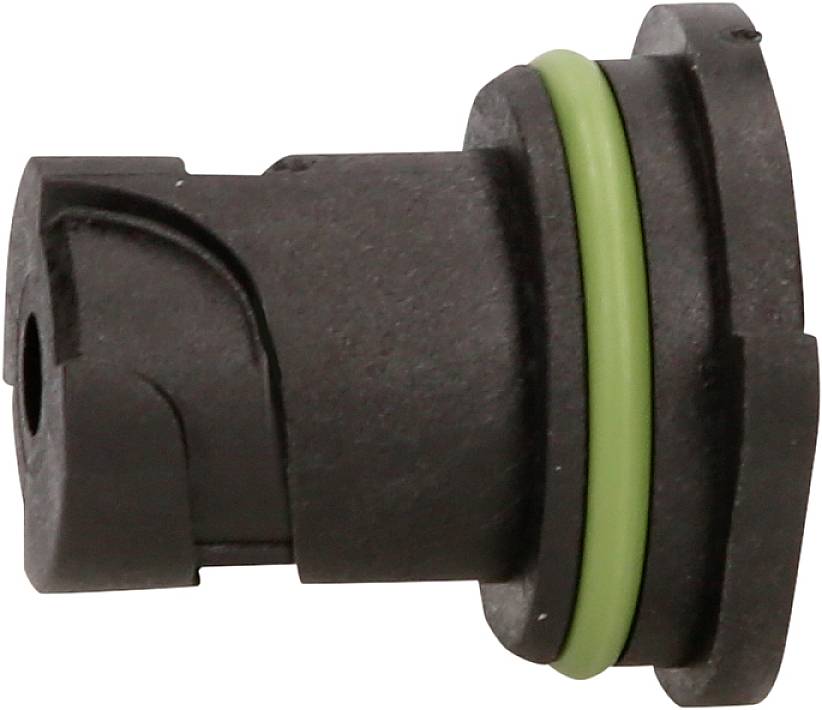 A black plastic plug with a green sealing ring, viewed from the side.