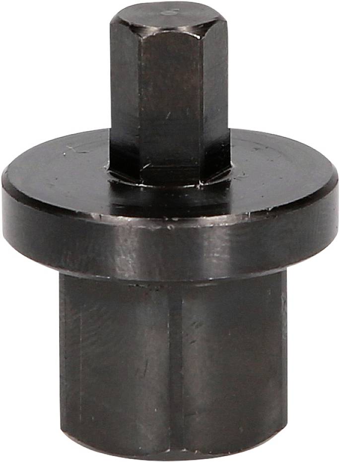 A black metal tool with a hexagonal shape at the top and a cylindrical lower section, possibly a screwdriver adapter.