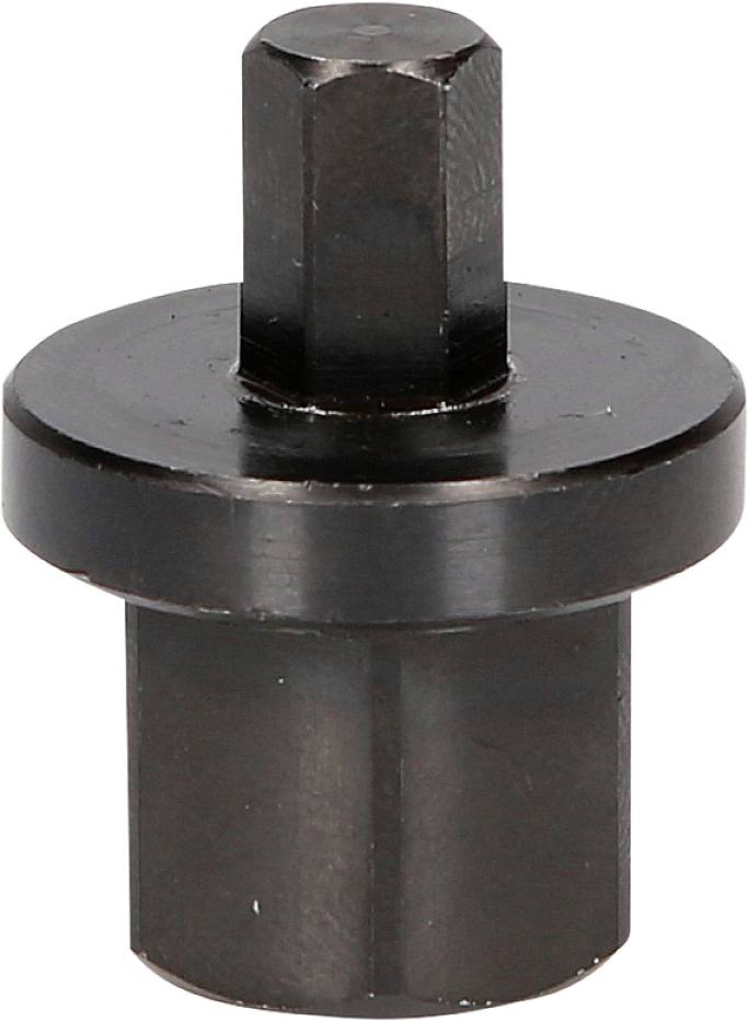 Black metallic hexagonal socket with a round central section, used for connecting bolts and nuts, simple design.