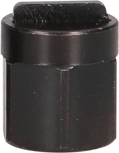 A black, cylindrical object with a flat, ridged end, presumably a technical component or tool.