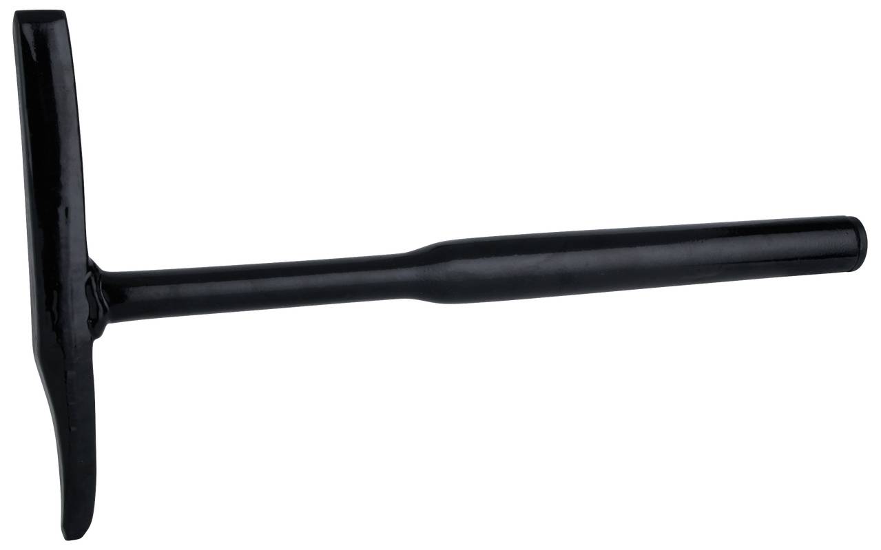A black pointed hammer with a long handle, partially rusty. Used for rock or impact excavations.