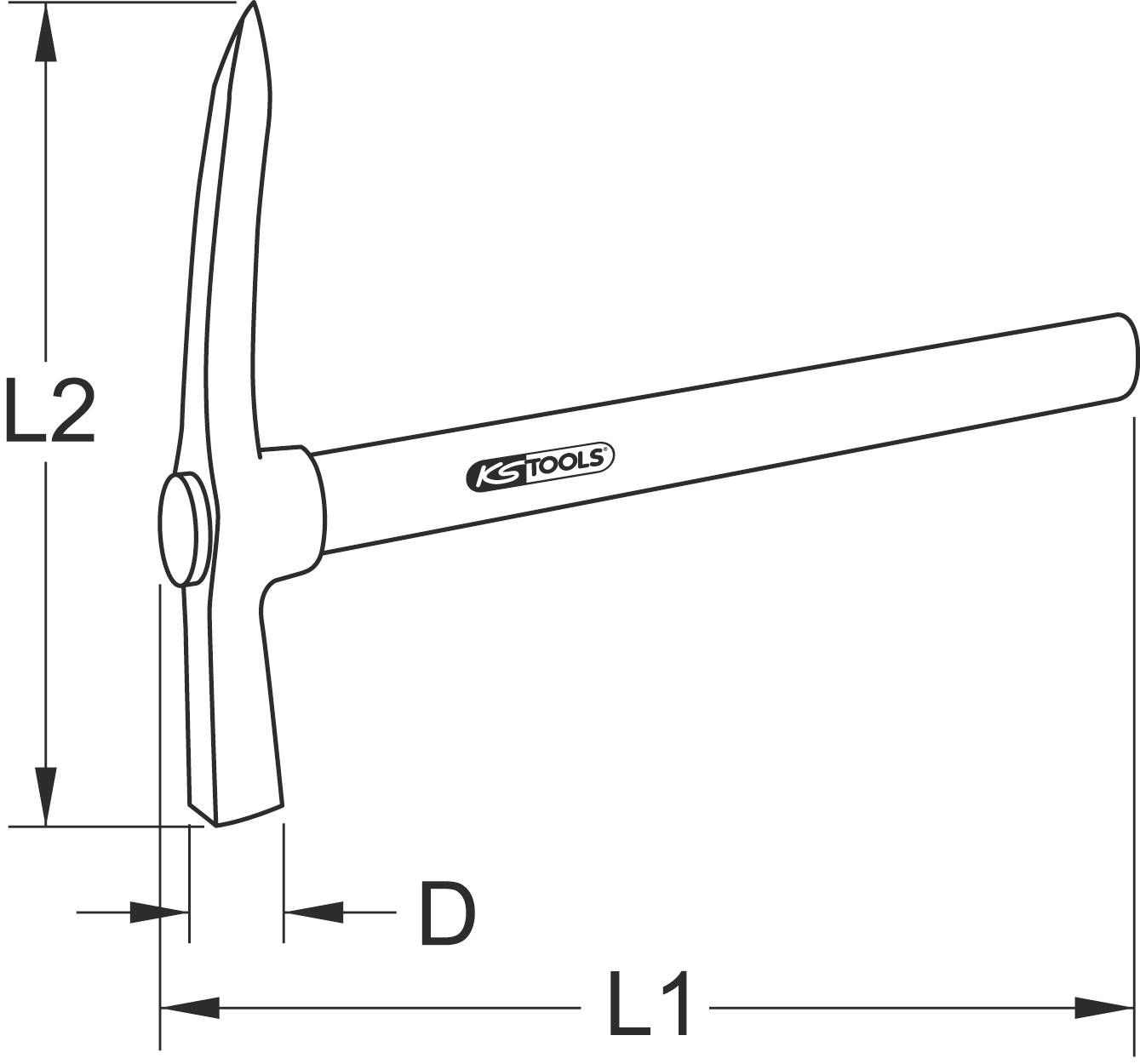A technical drawing of a pin hammer by KS Tools, showing dimensions: L1 (total length), L2 (head area), and D (point depth).