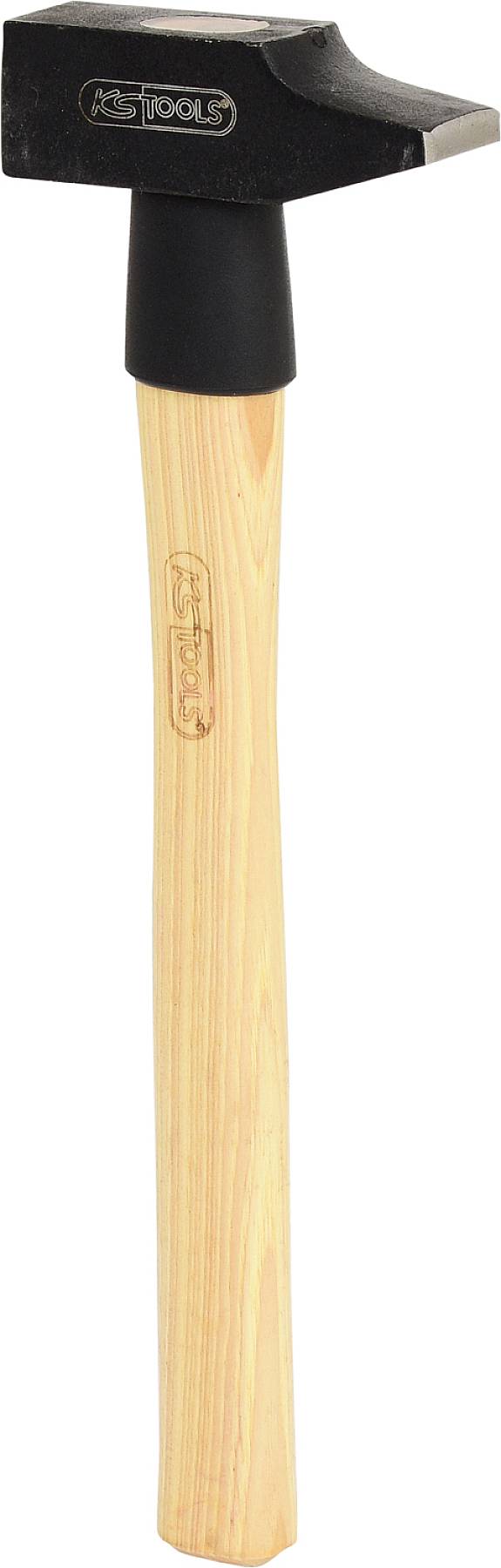 Wooden hammer with a black head and a long, light-coloured wooden handle.