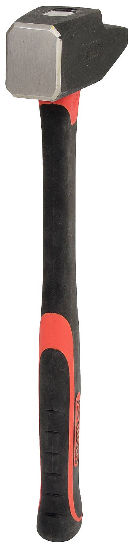 A sledgehammer with a black handle and red accents. The head is made of metal and has a flat striking surface.