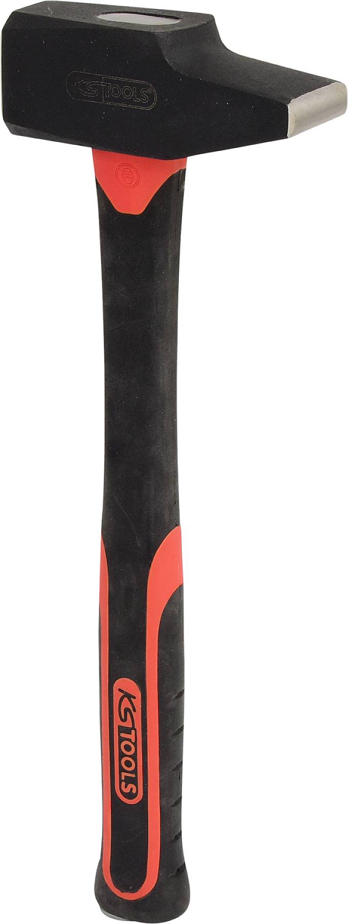 A black hammer with a red handle, suitable for heavy-duty craftwork.