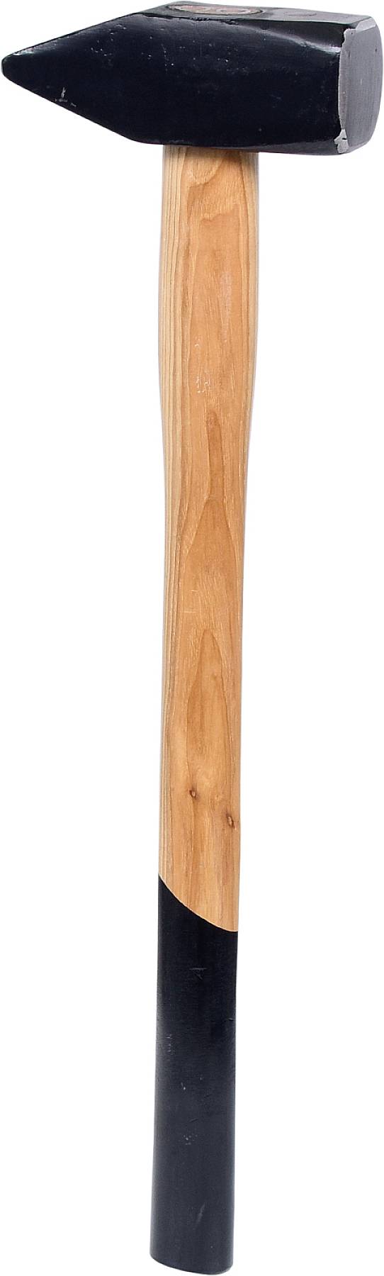 A sledgehammer with a wooden handle and a large black steel head.