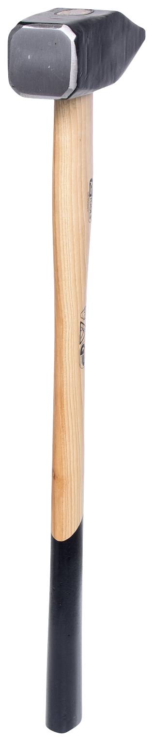 A sledgehammer with a long wooden handle and a black, rectangular metal head.