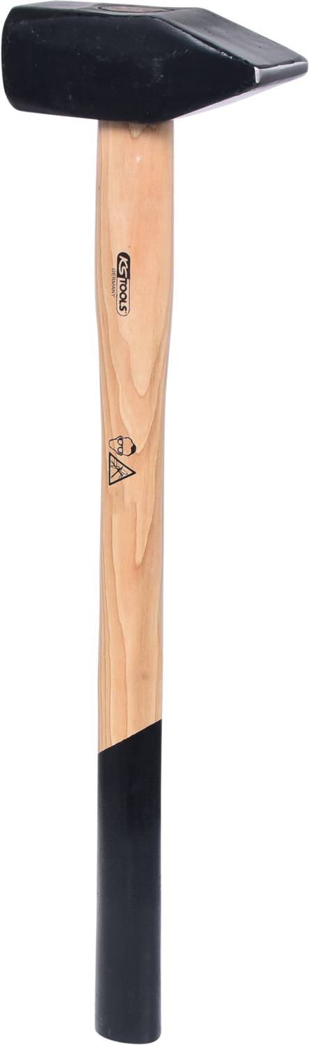 A mallet with a long wooden handle and a solid black metal head, used for splitting or breaking down materials.