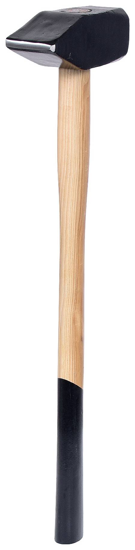 A sledgehammer with a heavy, black metal head and a long, robust wooden handle with a black end.