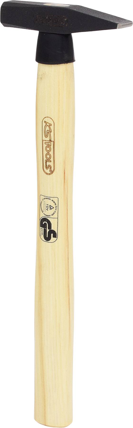 A hammer with a light wooden handle and black metal head. Markings and logos are depicted on the handle.