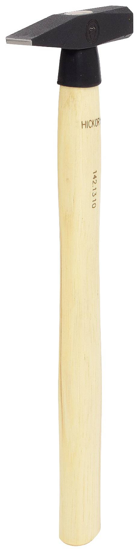 A classic carpenter's hammer with a wooden handle and a black-painted head. Suitable for driving in nails.