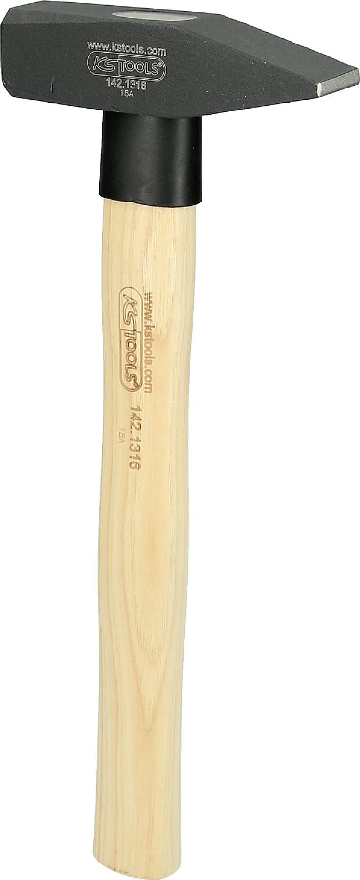 A hammer with a wooden handle and a black metal head, suitable for craftwork or construction tasks.