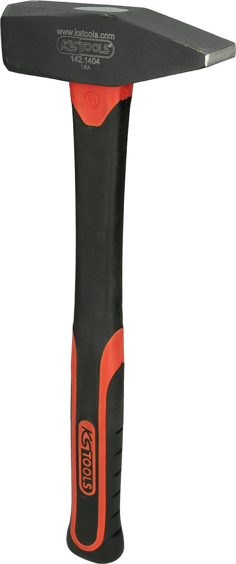 A hammer with a red and black handle, suitable for construction or repair work. The head is made of metal.