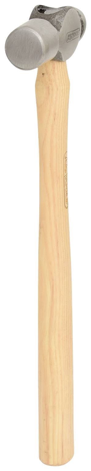 A hammer with a round, silver head and a light wooden handle.