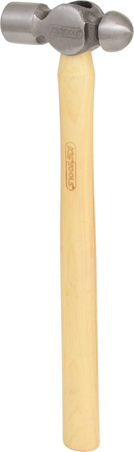 'Round-headed hammer with wooden handle', shows a hammer with a round head and smooth wooden handle. Suitable for metalwork.