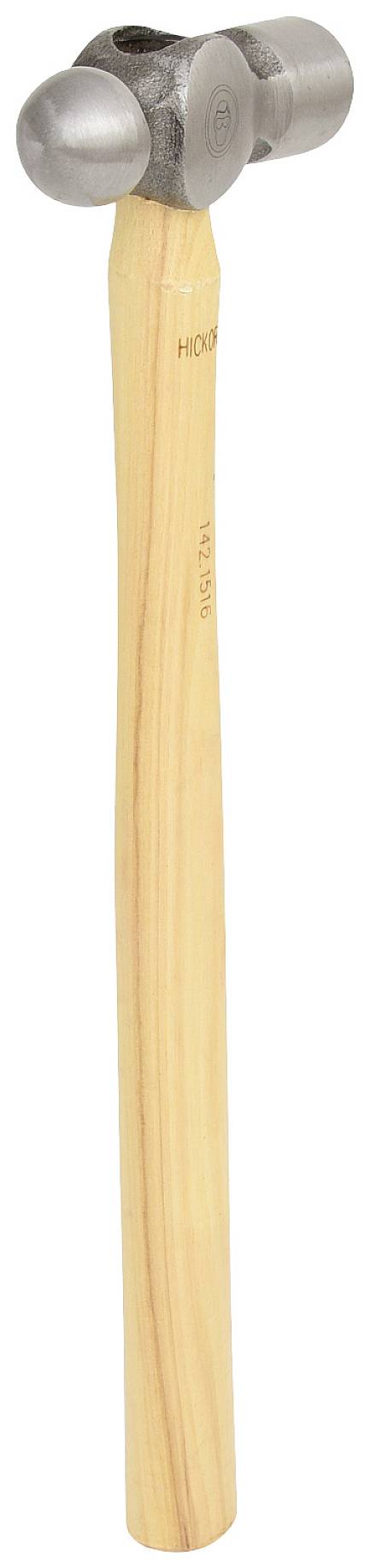 A steel hammer with a wooden handle, suitable for metalworking.