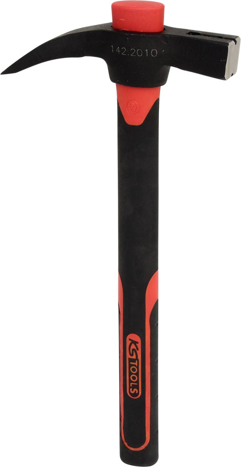 A hammer in black and red with a pointed end and a flat end. Suitable for hammering and removing nails.