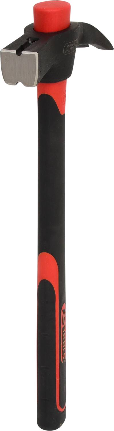 A black and red hammer with a rubber-coated grip and a metal head, suitable for driving in nails.