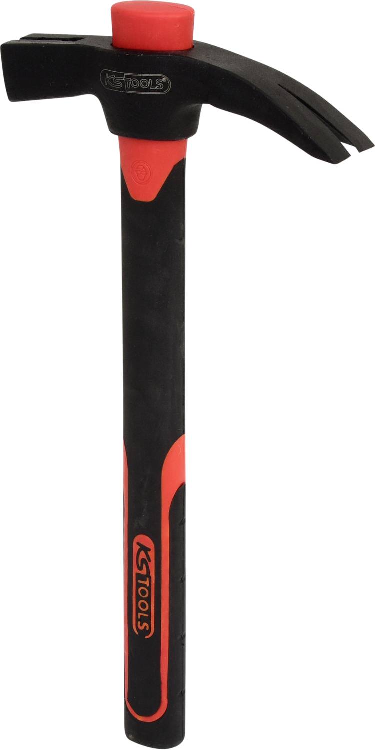 A black and red hammer with a rubber grip and a claw end for pulling nails.