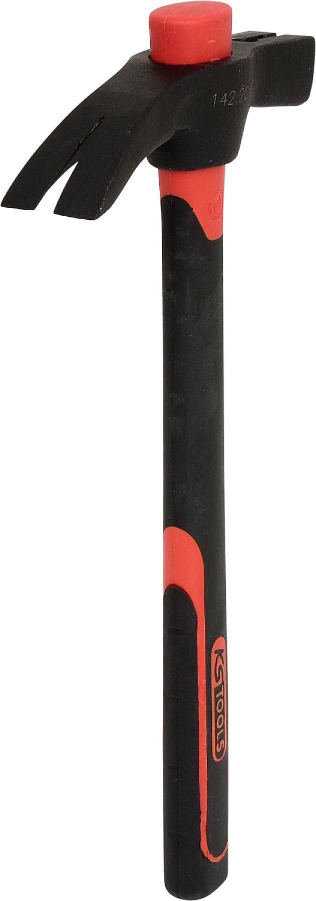 A black and red hammer with a claw head and ergonomic handle, suitable for striking metal surfaces and removing nails.