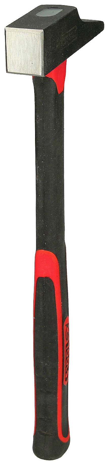 The image shows a black hammer with a red handle. The hammer has a flat head and a pointed back.