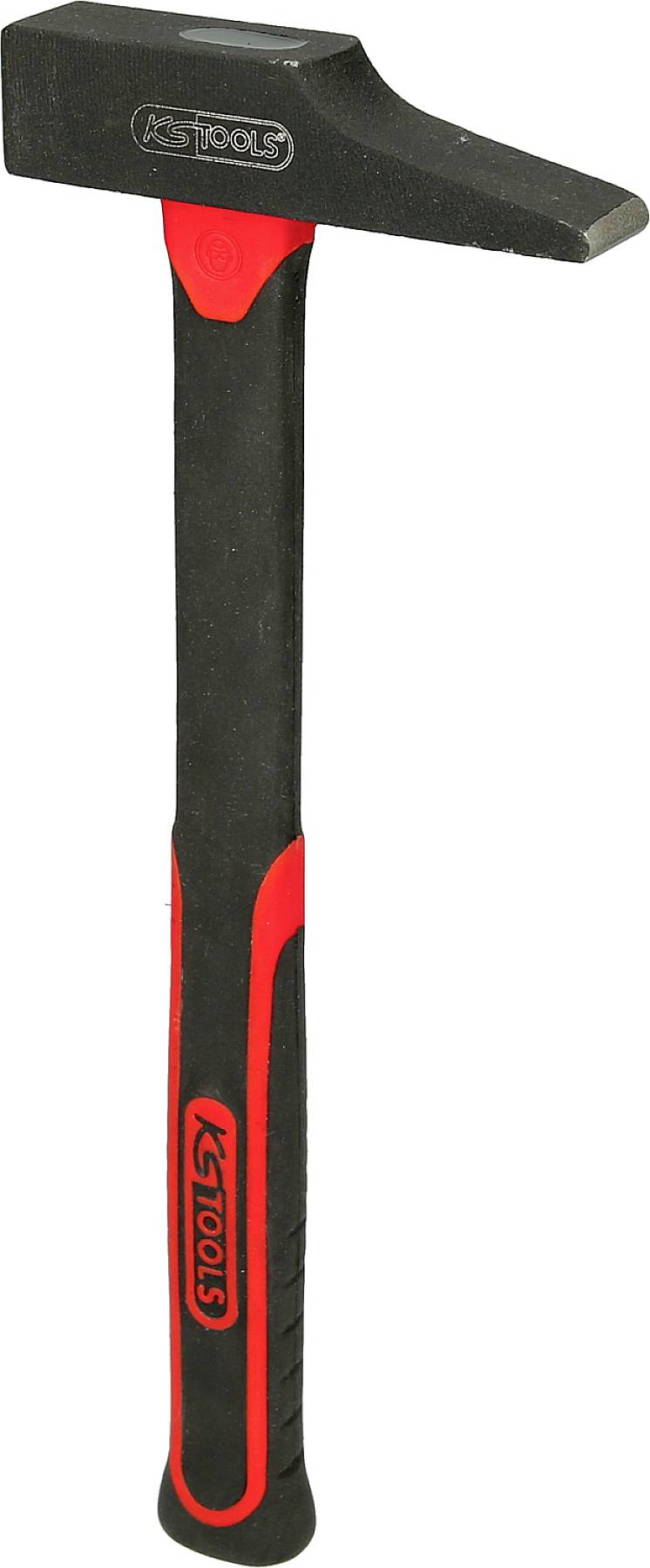 A hammer with a long black and red handle and a flat head. Suitable for construction work or DIY projects.