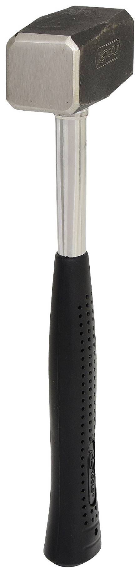 A hammer with a black handle and a gleaming metal head, standing upright.