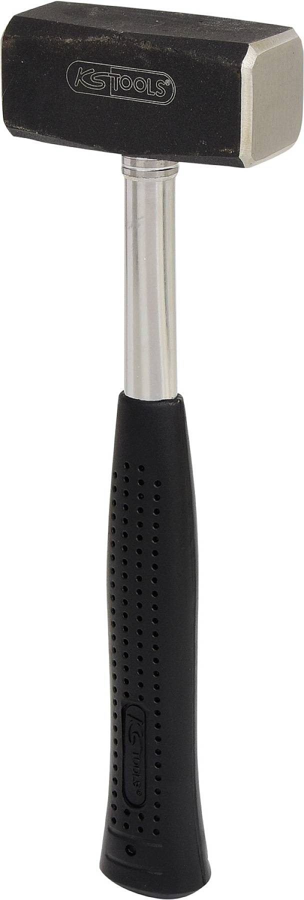 In the image, there is a hammer with a black head and a silver handle. The handle has a ridged, black surface.