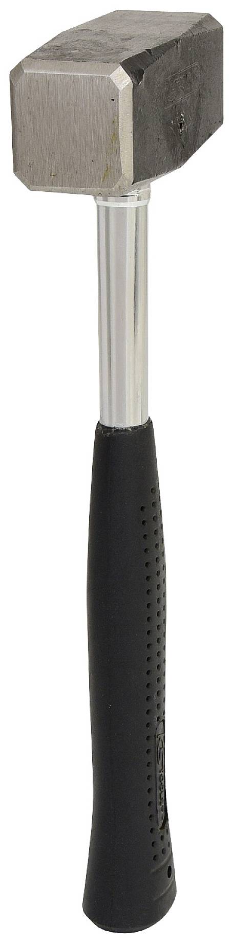 A hammer with a black handle and silver head, positioned vertically.