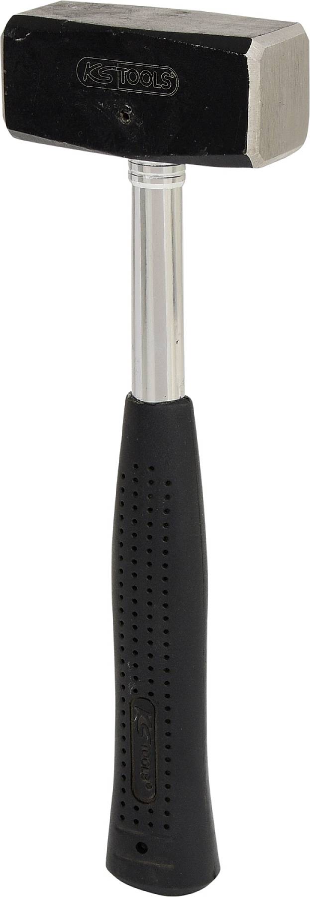 A metal hammer with a black head and black rubber grip. Suitable for heavy-duty work in construction or trade.
